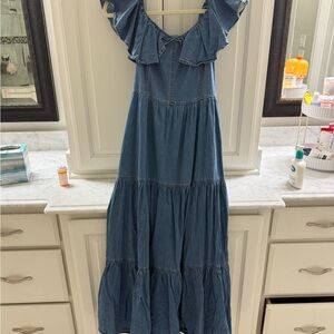 Denim Western- Style Ruffle Maxi Dress with Pockets!